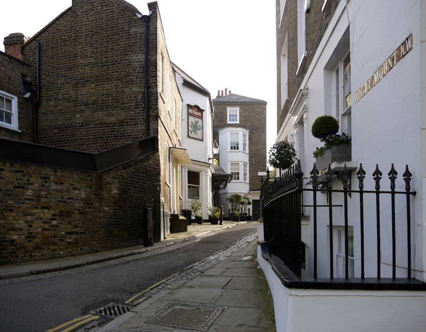 A narrow residential street for house removals, featuring a steep, curving pavement bordered by historic brick and white-painted buildings. The brick building on the left has a small window and a black downpipe, while the white building on the right displays a decorative black wrought iron fence with pointed finials, small potted plants with greenery and purple flowers, and a corner sign with faint lettering. Several large black flowerpots with plants are placed along the pavement and outside the white building. The scene is well-lit with natural daylight, showing the street's uneven surface and subtle street markings, reflecting a typical setting for furniture transport and home relocation services provided by Removal Companies Streatham, which occasionally involves navigating tight, pedestrian-friendly access routes.
